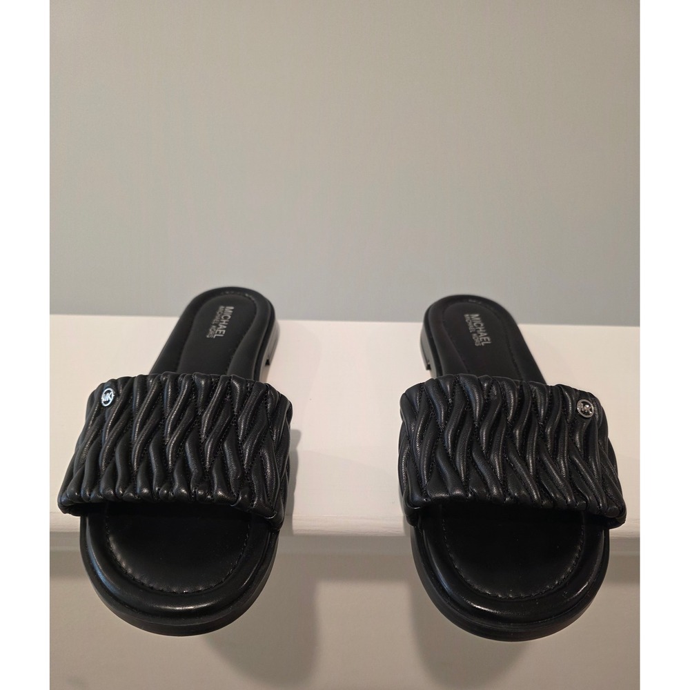 Women's sz 6 M Rare Michael Kors Carson Flat Slide Black Quilted Ruched Sandals - Picture 11 of 12